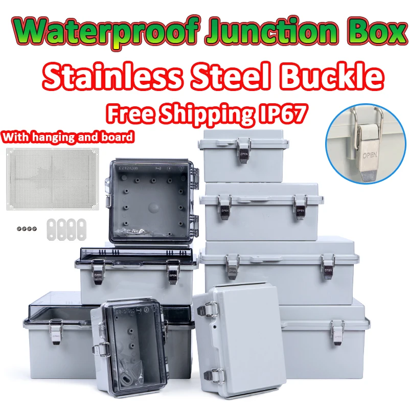 

Junction Box IP67 Waterproof Electrical Box Hinged Clear Cover Stainless Steel Latch Plastic Enclosure Project Mounting Plate