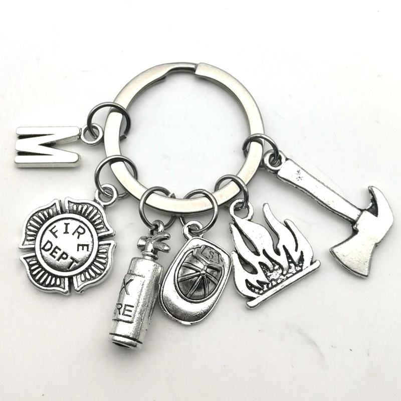 2020 New Fire Extinguisher and Flame Keychain Letters A-Z Firemen Fire hero key ring Creative Firefighter Gift fasion jewellery