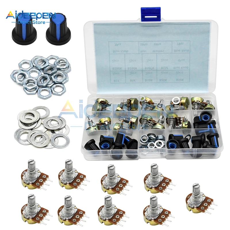 18ชิ้น/ล็อตWH148 Single Potentiometer Kit 1K 5K 10K 20K 50K 100K 250K 500K 1M Rotary Potentiometerตัวต้านทานชุด3 Pinกับหมวก
