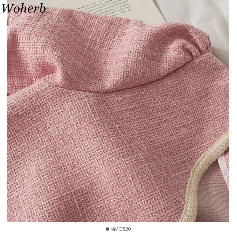 Woherb Korean Vintage Women Plaid Coat Summer Short Sleeve V-neck Tweed Jackets Chic Ladies Fashion Jacket Tops Femme 2024