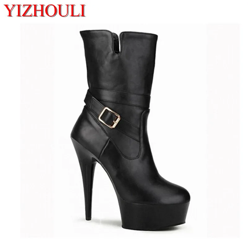 

Fashion stage banquet women's boots 6 inch round head Martin boots, PU material 15cm high heel pole dancing performance boots