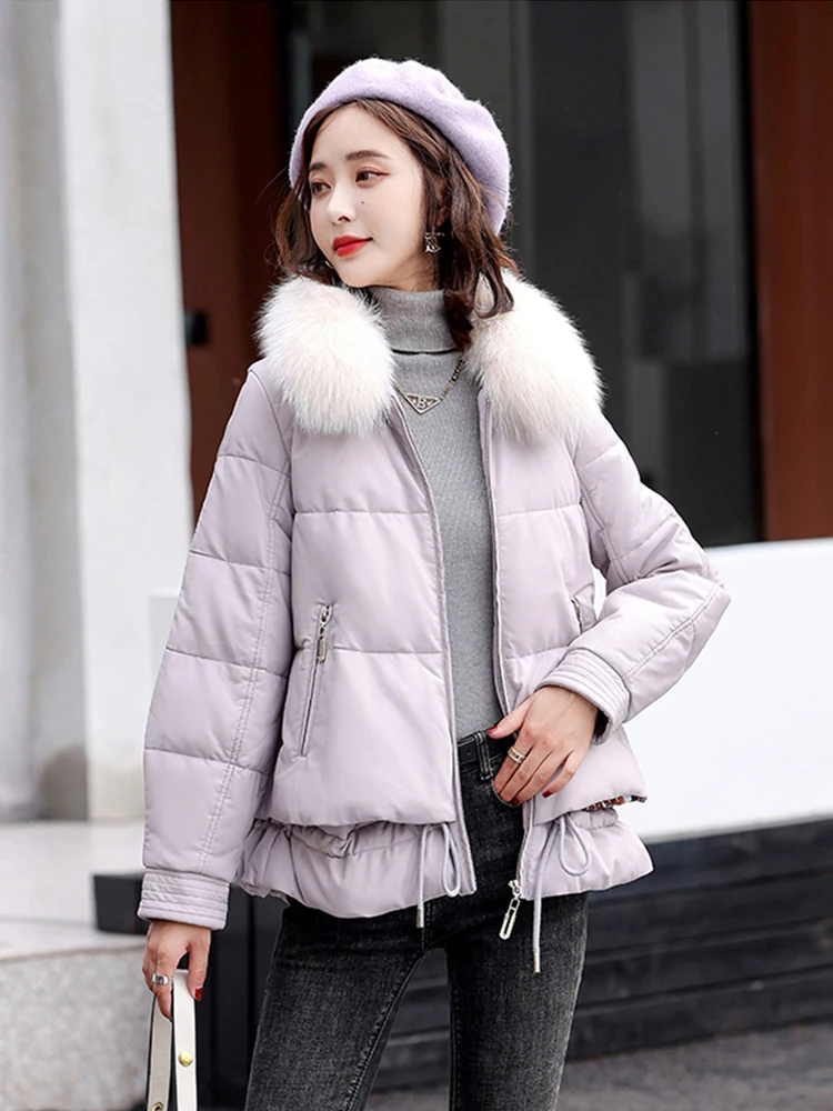 Fashion Women Down Jacket Fox Fur Turn Down Collar Leather Coat New Windproof Waterproof Warm Loose Short Parka Elegant Female