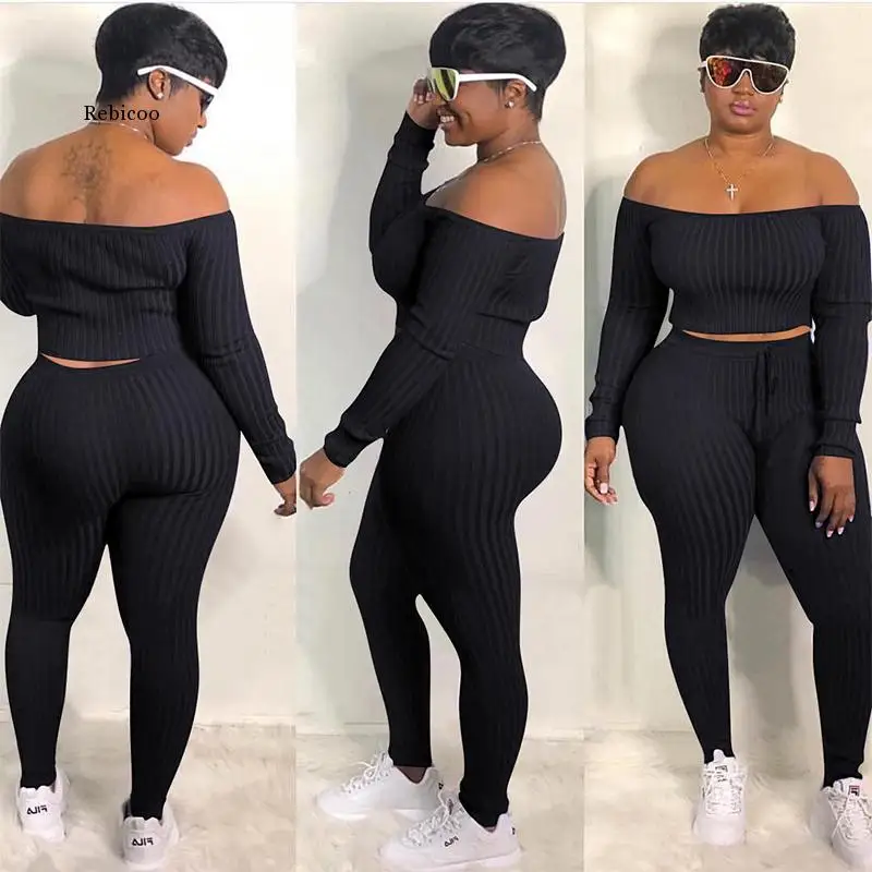 Sexy  Two Piece Set Jumpsuit Off Shoulder Crop Top+Lace Up Pants Tracksuit Fall Fashion Streetwear Matching Set