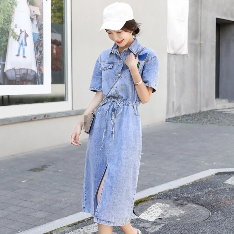 

Pullover Elegant Denim Mid-Calf Dress Women Lapel Single-Breasted Elastic Waist Bowknot Lace-Up Front Split Short-Sleeve Summer