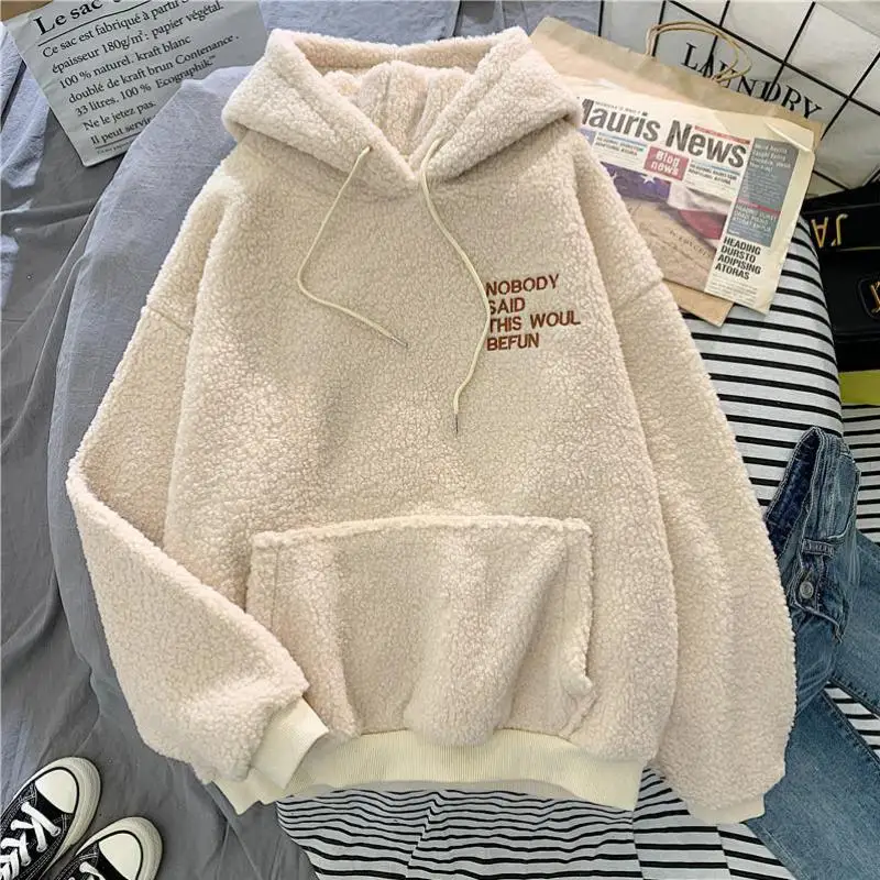 Winter Plus Velvet Thickening Fashion Letter Embroidery Harajuku Women Sweatshirts Pocket Loose Casual Lamb Fleece Warm Hoodies