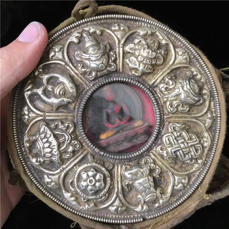 TGB056 Tibet Old Antiqued Prayer Box 12cm Tibetan Eight Auspicious Big Round GAU with Buddha Amulet for Man