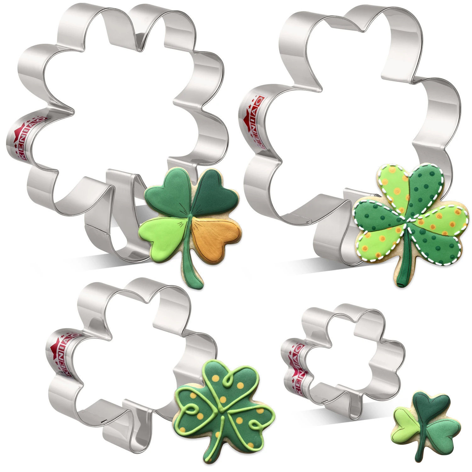 

KENIAO Four Leaf Clover Shamrock Cookie Cutter - 4 Various Size - St. Patrick's Day Biscuit Bread Molds - Stainless Steel