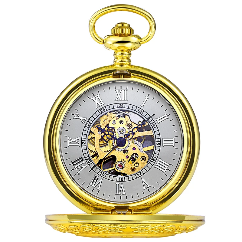 Roman Numeral Luxury Mechanical Pocket Watch Gold White Color Skeleton Case Dial Male Fob Chain Clock for Men Women Dropshipping
