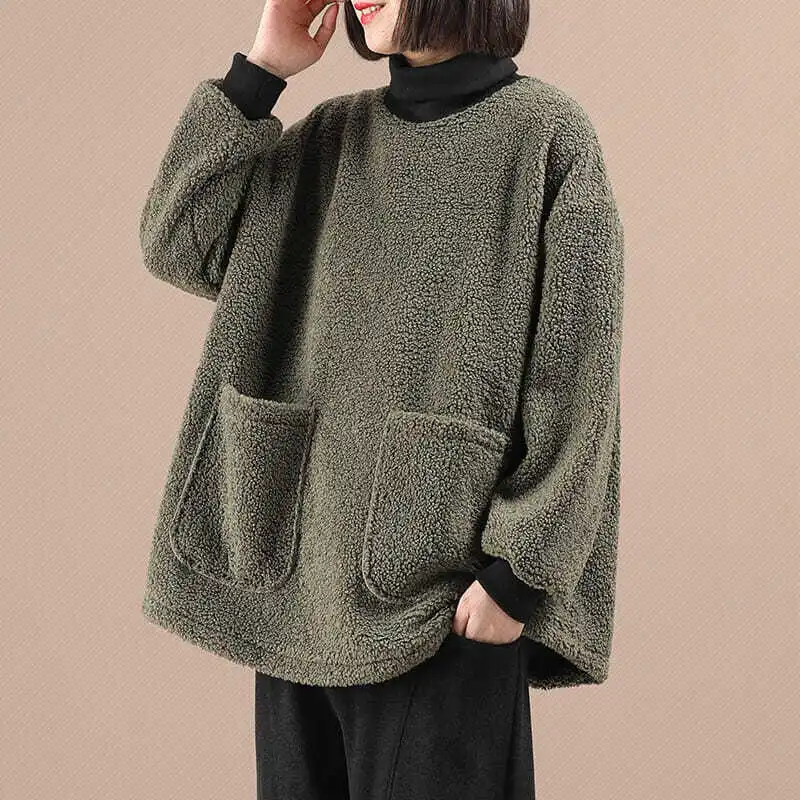 Women Lamb Wool Thicken Sweatshirts Casual Loose Turtleneck Double Pocket All-Match Warm Student Sweet Girl Daily Pullovers