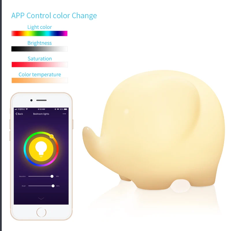 Smart Life Tuya App Controle Remoto RGB Night Light, Lâmpada de Mesa Regulável Elefante dos Desenhos Animados, Presente de Natal, Funciona com o Google Home, Alexa