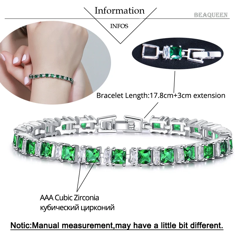 BeaQueen Fashion Brand Square Cut Green and White Cubic Zircon Crystal Lovely Tennis Bracelets for Women Friendship Jewelry B037