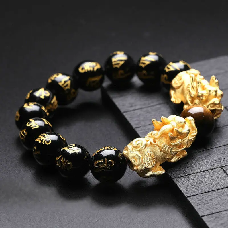 Fashion Hand-Knitted Natural Black Agate Pixiu Beads Elastic Bracelets Bangle