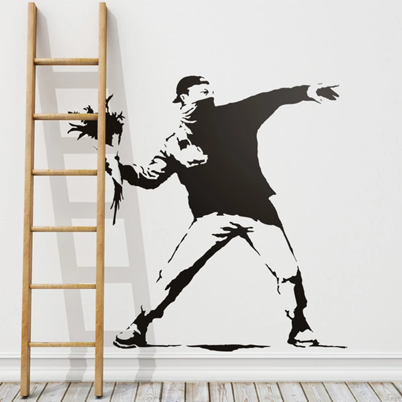 Banksy Flower Throwing Protest Wall Decal Funny Vinyl Stickers Decorative Vinile For Living Room Adhesive Murals 2203