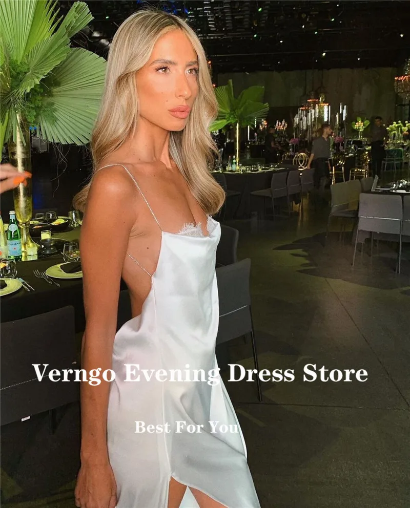 Verngo sexy branco cintas de espaguete longo vestido de festa à noite renda pescoço seda cetim lado split aberto volta vestido de baile praia personalizado