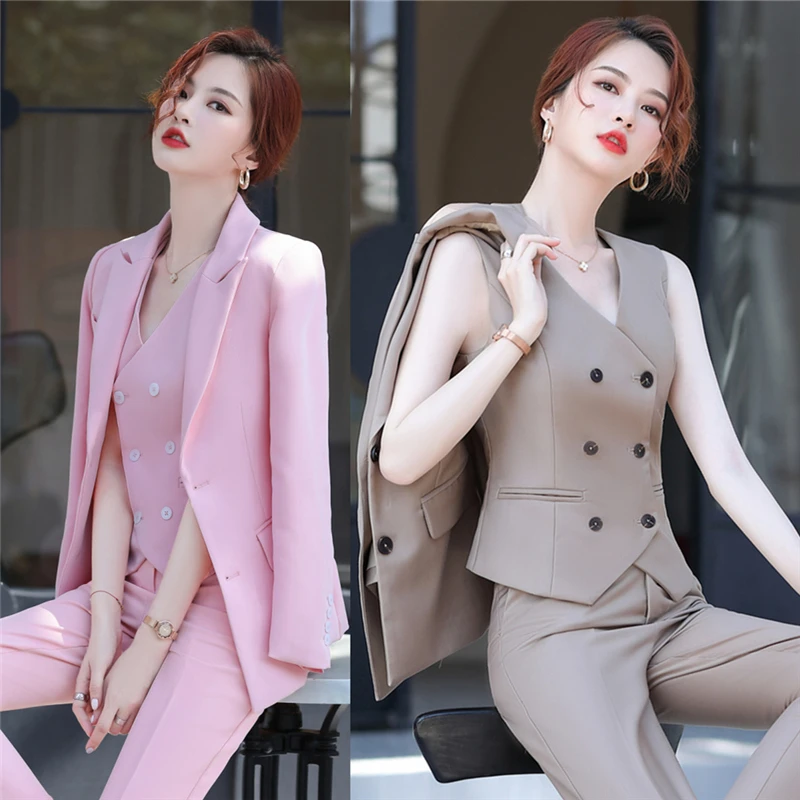 Formal Women Business Suits 3 Pieces Set with Jackets Coat and Vest and Pants Ladies Office Pantsuits Interview Clothes Blazers