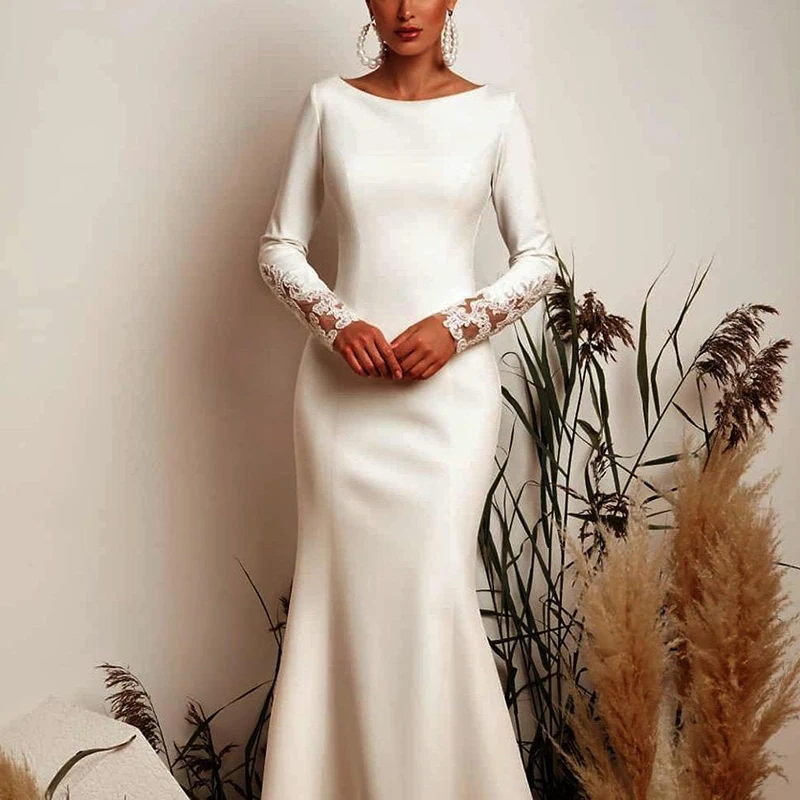 Nieuwe Mode Eenvoudige Ivoor Lange Mouwen Trouwjurken Voor Bruid Kant Mermaid Bateau Hals Bridal Bruidsjurken Illusion Back 2021