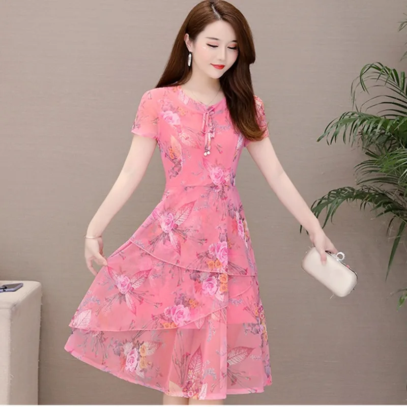 UHYTGF Womens Summer Dress 2022 Fashion Gauze Printing Chiffon Elegant Dress Short Sleeve Large Swing Loose Big Size Dresses1188