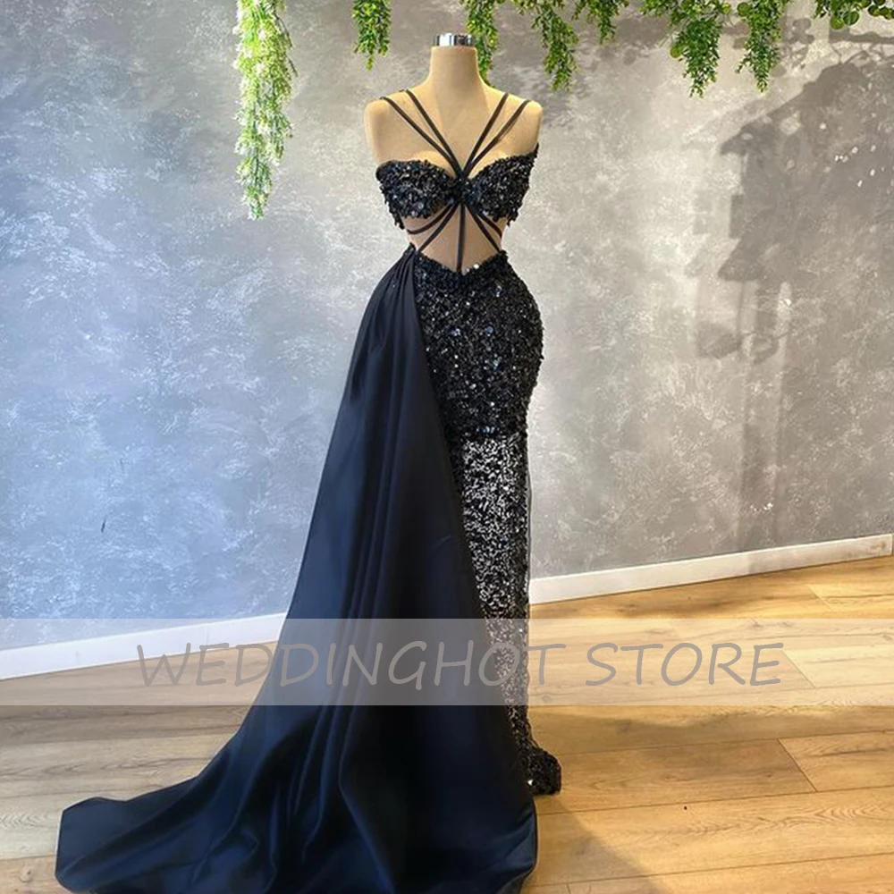 Abiti da sera con paillettes Sweetheart 2023 Sexy Sparkle Mermaid Prom Gowns Illusion Black Floor-Length Party Dress robes de soirée