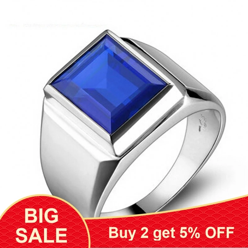 

Handmade male ring 925 Sterling silver Big 8ct Blue AAAAA Zircon cz Statement Wedding Band Rings for men Finger Party Jewelry