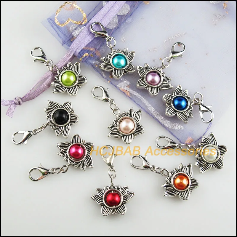 10 New Lotus 17x19mm Charms Mixed Ball Glass Tibetan Silver Plated Retro With Lobster Claw Clasps