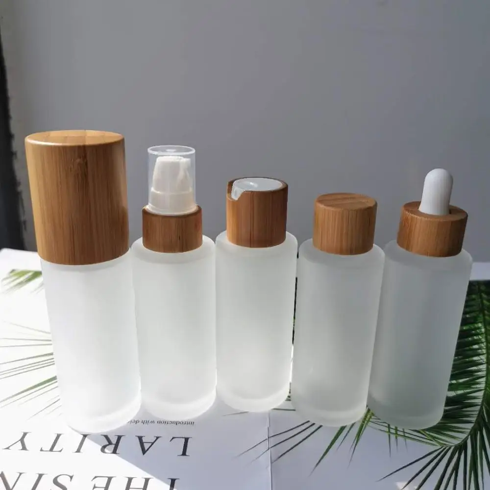 

ECO-friendly containers for cosmetics 30ml 50ml 100ml 120ml 150ml frosted glass bottle bamboo cosmetic bottles