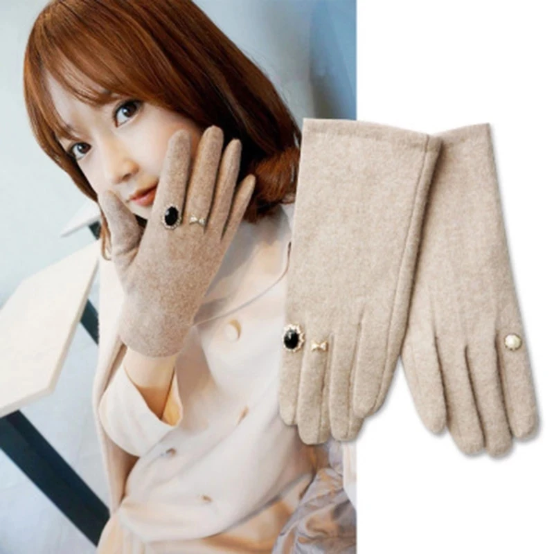 Winter Pearl Gem Wool Knit Warm Touch Screen Mittens Female Double Layer Plus Plush Thick Cashmere Driving Soft Black Glove H24