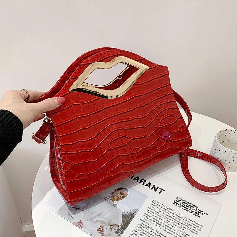 Patent Leather Sexy Lip Handles Purses and Handbags for Women Stone Leather Designer Clutch Shoulder Bag Female Casual Tote Bag