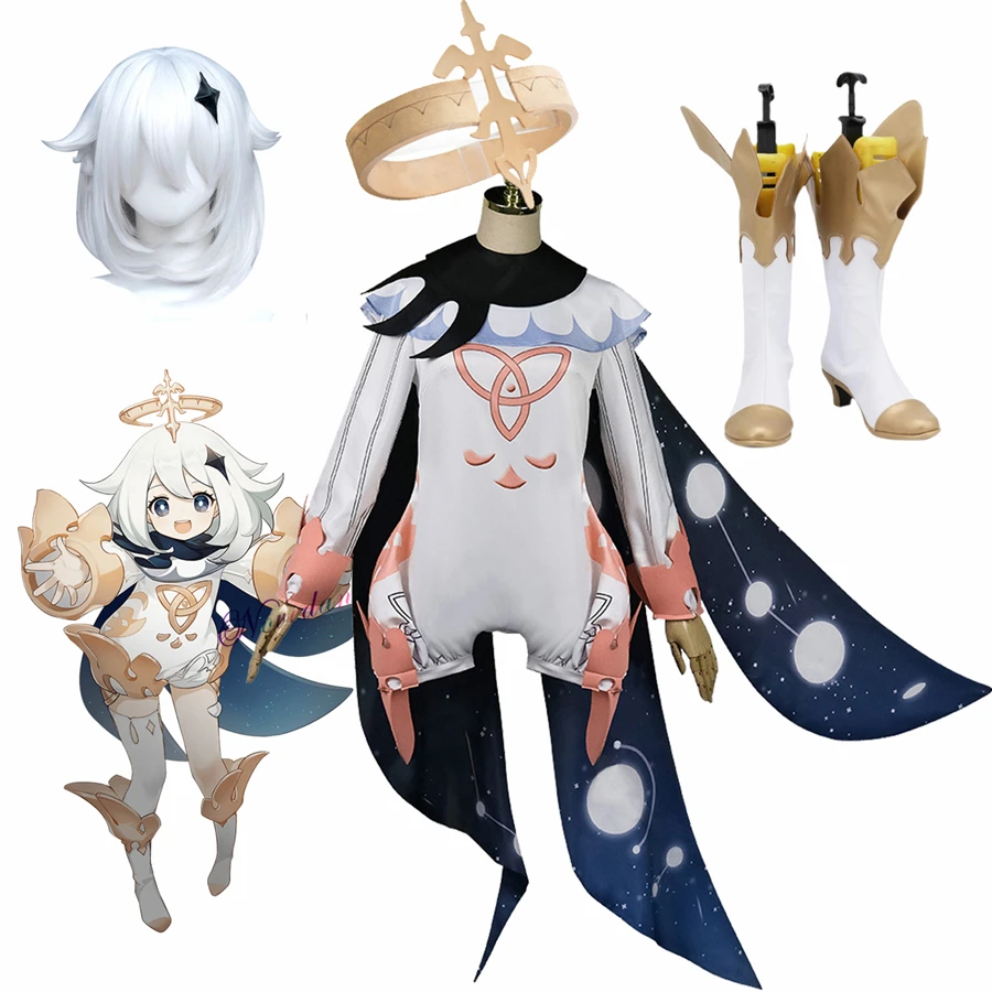 GenshinImpact Paimon Cosplay Outfit pour femmes et filles, uniforme de robe de soirée, perruque Anime, olympiques d'Halloween Kawaii mignons