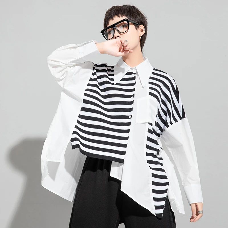 

SuperAen Autumn New Irregular Full Striped Patchwork Turn-down Collar Casual Shirts Women Tops