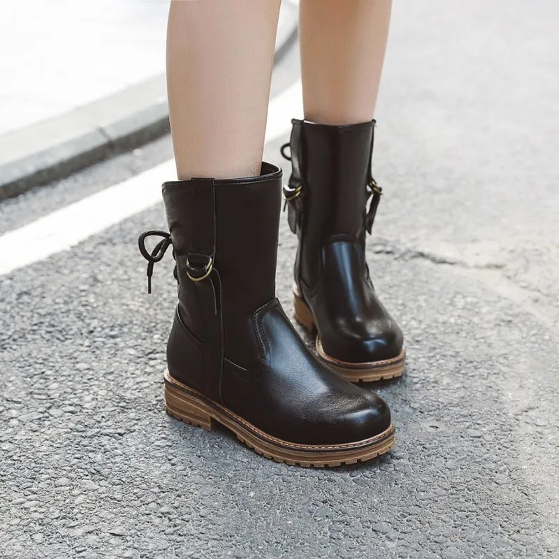 winter The New fashion Round head Thick bottom boots British style Handsome Plus velvet Keep warm High heel Women boots