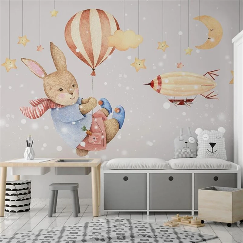 

wellyu Customized large mural Nordic hand-painted children's room dreamy sky bunny balloon bedroom cartoon background wall