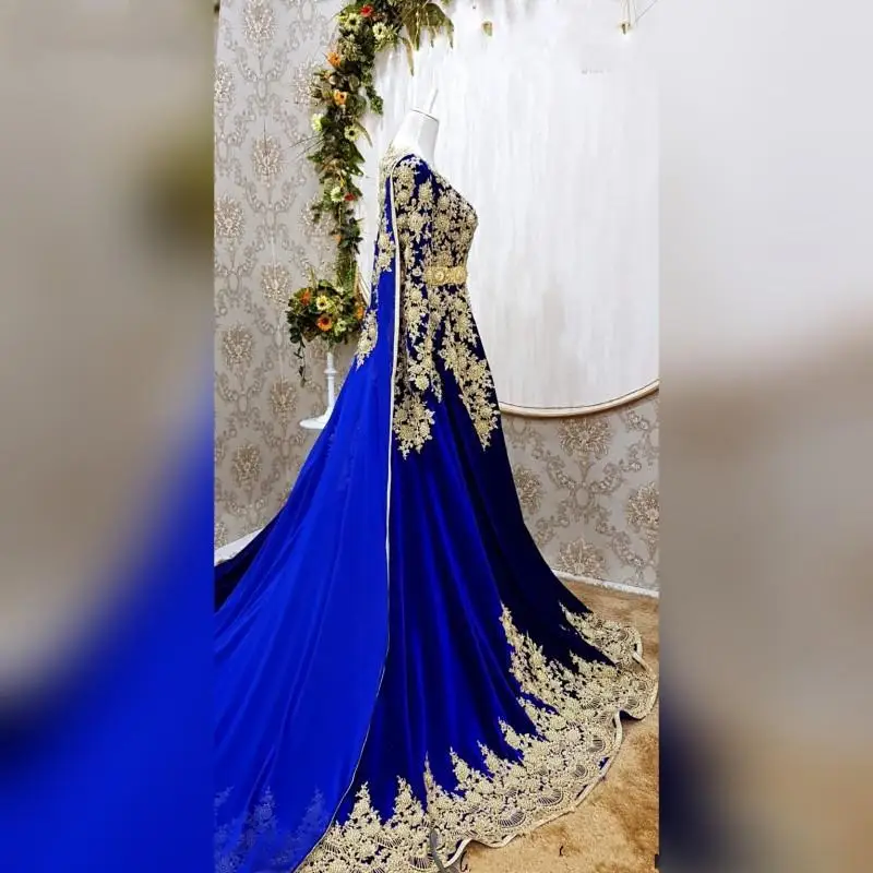 Party Jurken Caftan Marocain De Soiree Royal Blue Avond Lange Mouwen Applique Een Lijn Kaftan Prom Jurk Met Cape Vestidos vorm