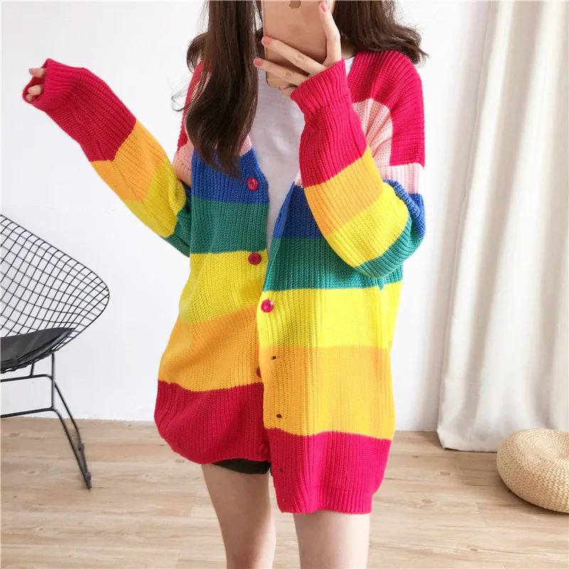 Woherb 2024 Autumn Harajuku Cardigan Women Striped Rainbow Sweater Coat Female Loose Sweaters Letter Embroidery Jumper Cardigans