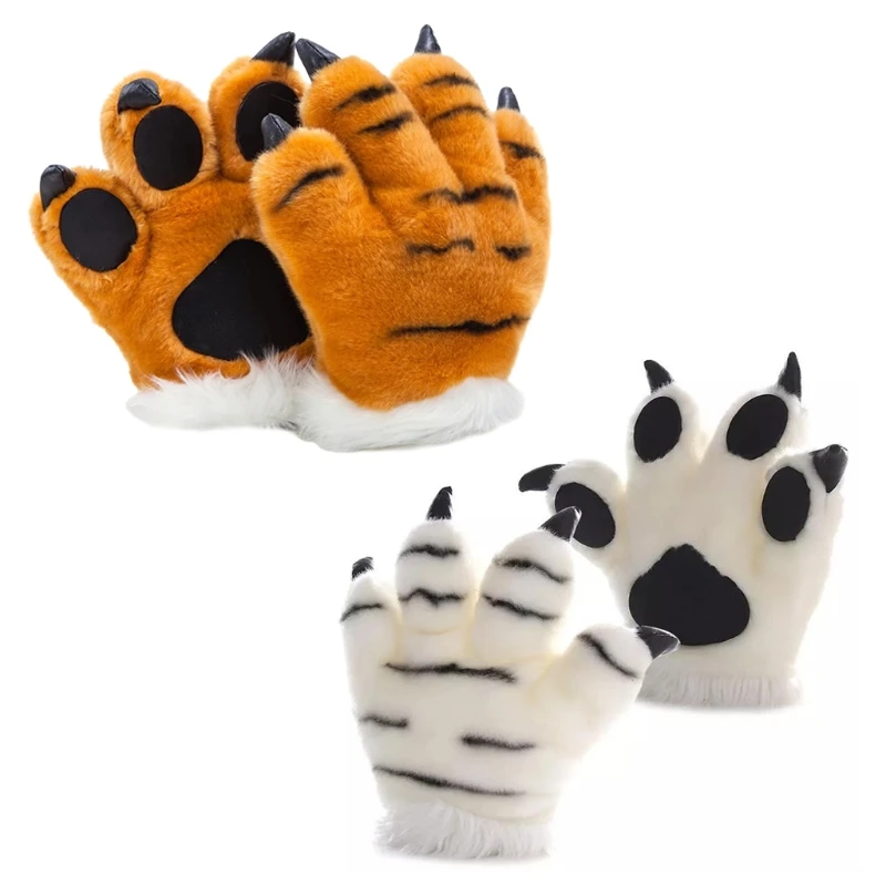 Simulation Tiger/Panda Paw Plush Gloves Striped Fluffy Animal Stuffed Toys Padded Hand Warmer Halloween Cosplay Costume Mitten