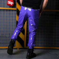 Male Singers Costume Blue Leather Pants Elastic Stage Performance GOGO dj Outfits Burning Man Festival Clothing Modern Jazz 1854