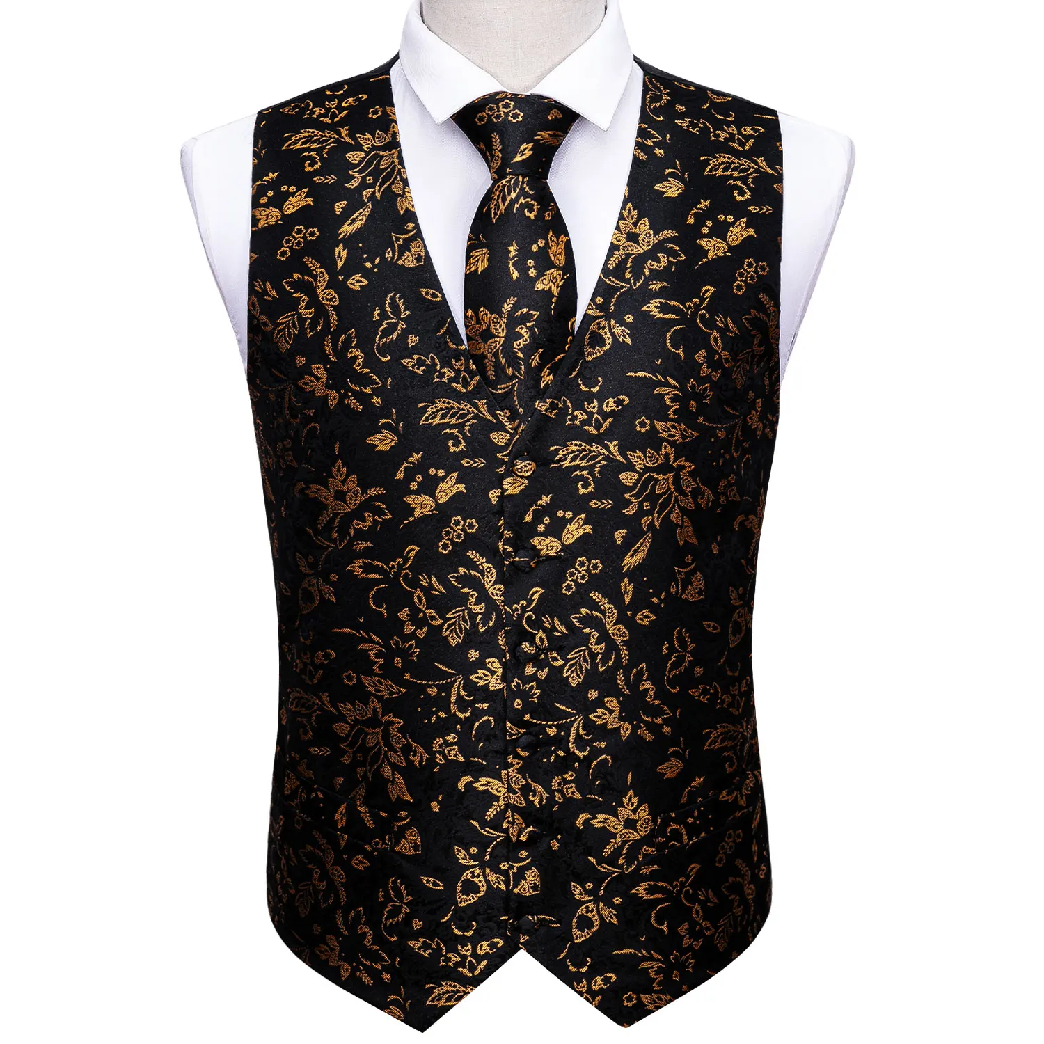 Gold Mens Luxury Brocade Black Floral Suit Vest  Set Silk Tie Waistcoat Set Men Clothes Barry.Wang Fashion Designer M-2037