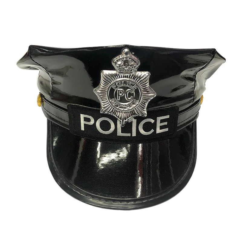 Police Officer Soft Leather Hats Cap Unisex Adult Black Cosplay Party Police Dress Up Hat Accessories Europen and American Style