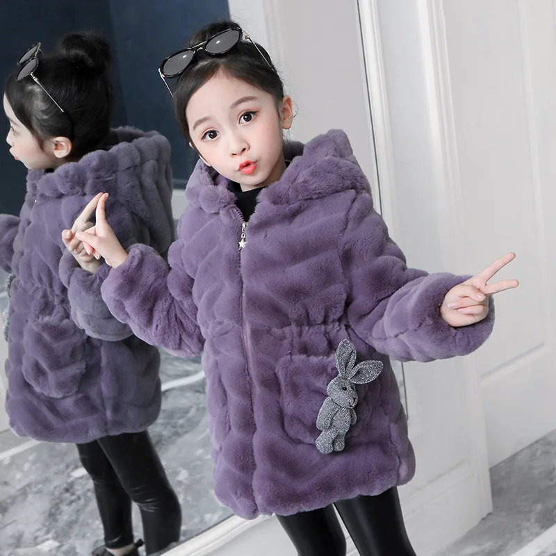 

Children's Faux Fur Coat Imitation Rabbit Fur Kids Girls Thicken Clothing Baby Girl Winter Long Warm Hooded Outerwear Overcoat