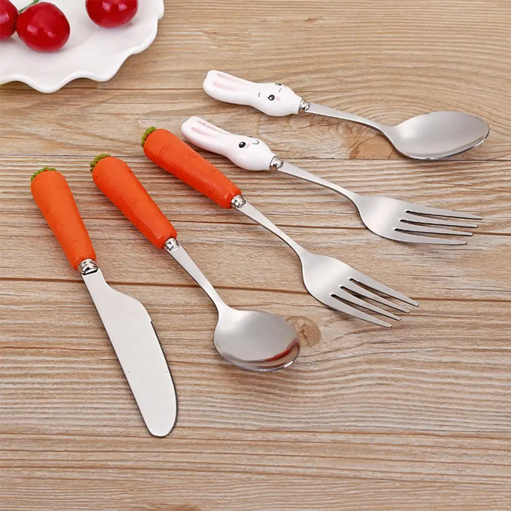 1 Pcs Kids Stainless Steel Spoon Fork Lovely Carrot Rabbit Handle Baby Feeding Spoon Kids Utensils