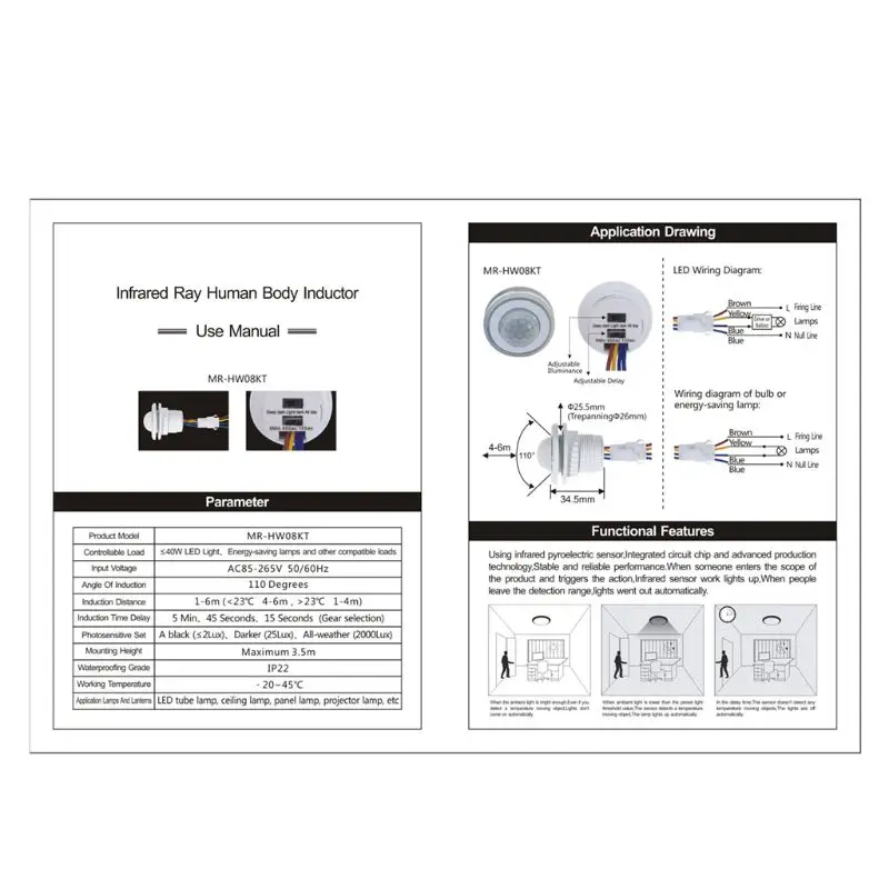 Interruptor de Sensor de movimiento infrarrojo, Detector PIR LED de 40mm con retardo de tiempo ajustable L4MD