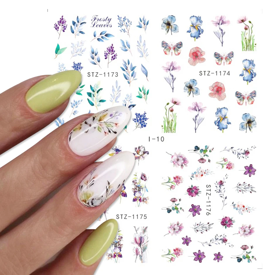 4pcs Watercolor Flower Nail Art Water Decals Ink Leaves Floral Design Nail Stickers Set DIY Gel Manicure Sliders Tattoo GLI-10