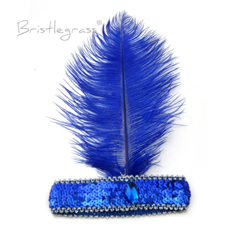 BRISTLEGRASS 1 PCS Blue 1920s Ostrich Feather Sequined Headband Flapper Headpiece Headwear Carnival Ball Party Fancy Costume