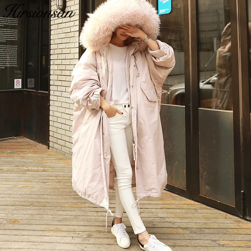 Hirsionsan Winter Coat Women Large Fur Collar Hooded Long Jacket Thicken Warm Korean Padded Parkas 2018 Oversized Military Parka