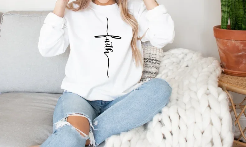 

Faith Sweatshirt Christian Shirt, Vertical Cross, Religious Church Disciple, Love,Grace Female Clothes Faith graphics cotton top