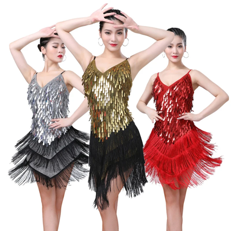 

New Women Professional Party Ballroom Latin Dance Dress Ladies Tango Jazz Modern Salsa Sequins Fringe Tassels Skirt 9Colors