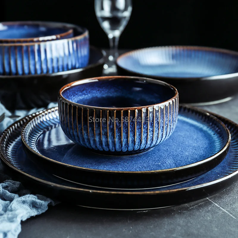 

Creative Nordic Ceramic Plate Blue Stripe Flat Plate Household Ceramic Plate Western Plate Pasta Steak Plate