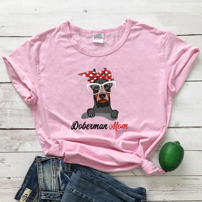 

Colored Bandana Doberman Mom T-shirt Cute Dog Mom Gift Tshirt Trendy Women Short Sleeve Graphic Pet Lover Gift Tee Shirt Top