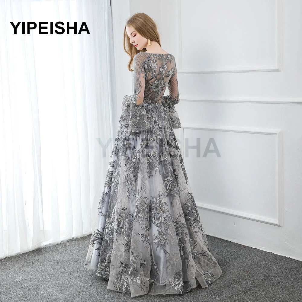 Customized Gray Lace Long Sleeve Evening Dresses Embroidered Crystals Bead Formal Prom Party Gown Custom Size Robe Soirée Mari