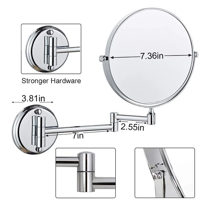 8 Inch Wall Mount Makeup Mirror 3X/5X/7X/10X Magnification Vanity Swivel Extendable Two-Sided Mirrors for Bedroom Bathroom Hotel