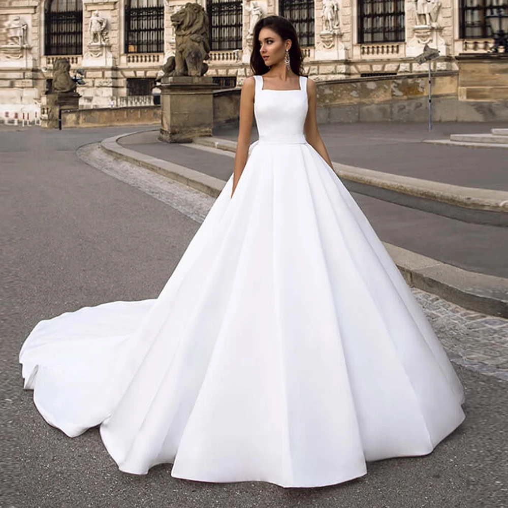 Robe de mariée en Satin blanc Simple, épaules dénudées, grande taille, Robe de bal, collection 2019